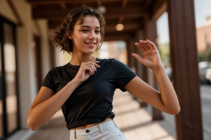 photo of a 18 year old girl,dancing,happy,shirt,pants,ray tracing,detail shadow,shot on fujifilm x-t4,85mm f1.2,depth of field,b...