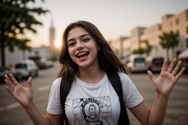 medium shot,photo of a 18 year old girl,dancing,happy,laughing,shirt,outdoor,windy,ray tracing,detail shadow,shot on fujifilm x-...