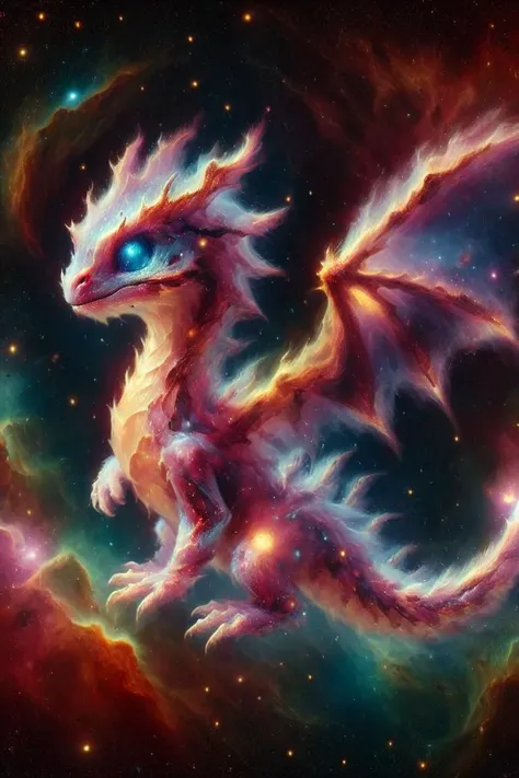 a dragon with blue eyes and a long tail is in the middle of a galaxy