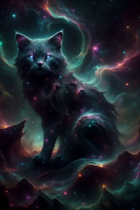 a cat sitting on top of a pile of stars in the sky