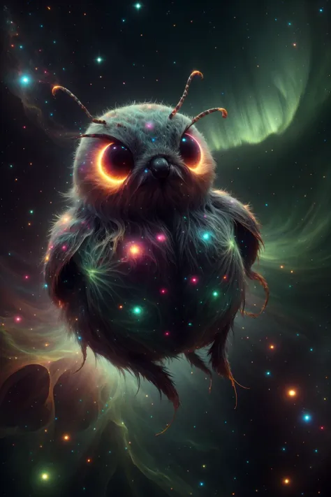 a close up of an owl with glowing eyes in the sky