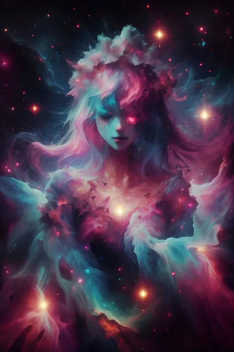 a woman with long hair and a pink and blue dress is surrounded by stars