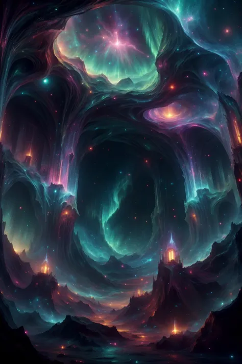 a very colorful image of a very big space with some lights