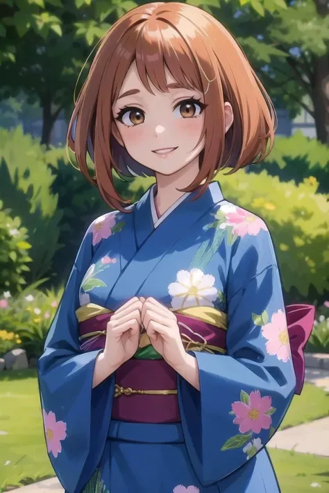 uraraka ochako, long sleeves, looking at viewer, parted lips, 1girl, blush, outdoors background, solo, dress, japanese clothes, floral print, yukata,brown eyes, brown hair , smile ,parted lips,<lora:uraraka_ochako:1>, BREAK (masterpiece:1.2), best quality,...