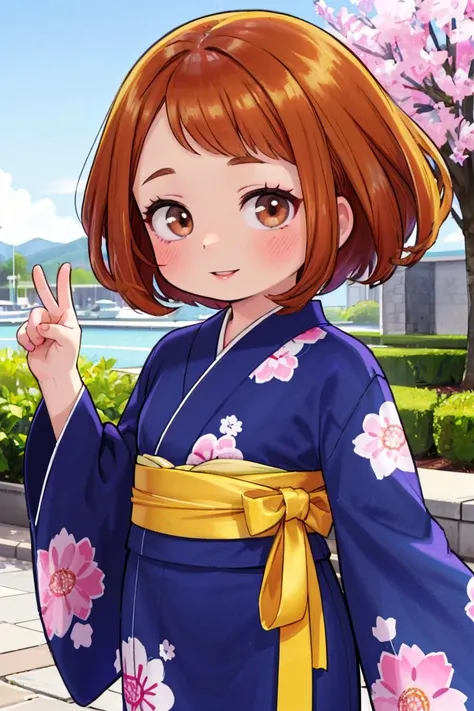 uraraka ochako, long sleeves, looking at viewer, parted lips, 1girl, blush, arms behind back,  outdoors background, solo, dress, japanese clothes, floral print, yukata,brown eyes, brown hair , smile ,parted lips,<lora:uraraka_ochako:1>, BREAK (masterpiece:...