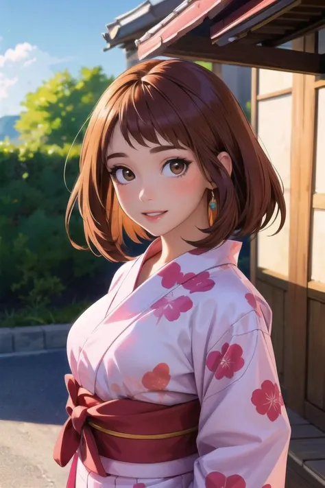 uraraka ochako, long sleeves, looking at viewer, parted lips, 1girl, blush, arms behind back,  outdoors background, solo, dress, japanese clothes, floral print, yukata,brown eyes, brown hair , smile ,parted lips,<lora:uraraka_ochako:1>, BREAK (masterpiece:...