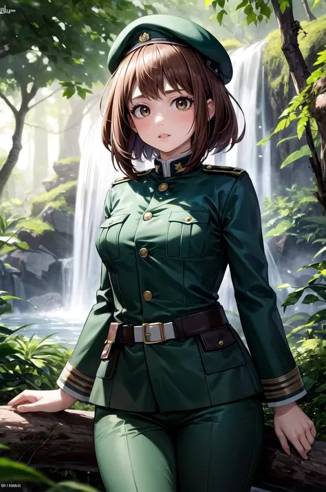 (masterpiece, best quality, detailed), 1girl, solo, looking at viewer, ochako uraraka, brown hair,brown eyes, short hair,
military uniform, military, soldier, belt, green pants, beret, black jacket, jungle, nature, vines, moss, fern, tropical, dappled sunl...