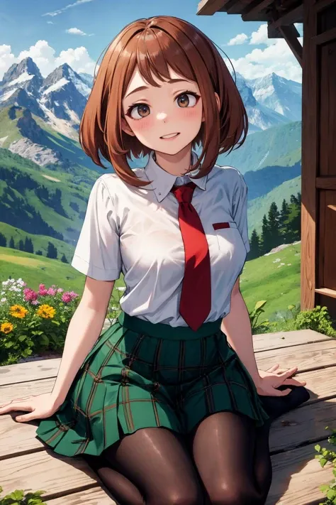 uraraka ochako, 1girl,solo, white shirt, red necktie, short sleeves, green skirt, plaid skirt, black pantyhose, wariza, smile, parted lips<lora:uraraka_ochako:1>, flower, outdoor, mountain