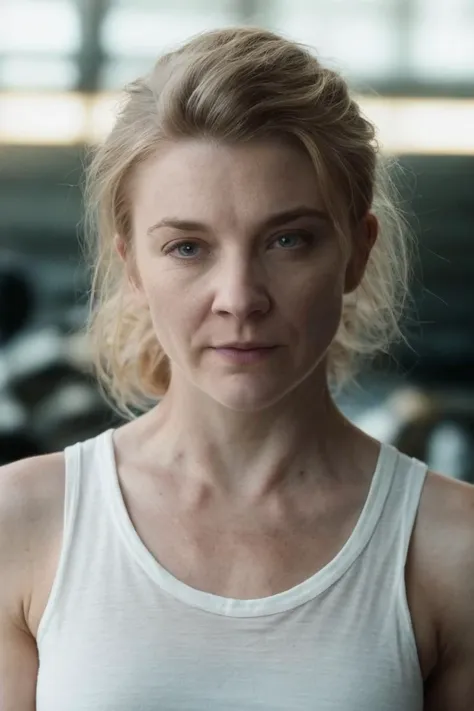 a woman in a white tank top standing in a gym