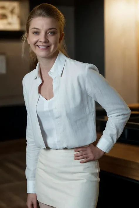 a woman in a white shirt and skirt standing in a room