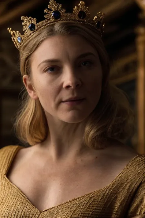 a woman wearing a crown looks at the camera