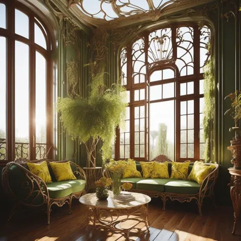 <lyco:art_nouveau_style_interior_design_Sa_May:1.0> art nouveau sunny living room with flowers