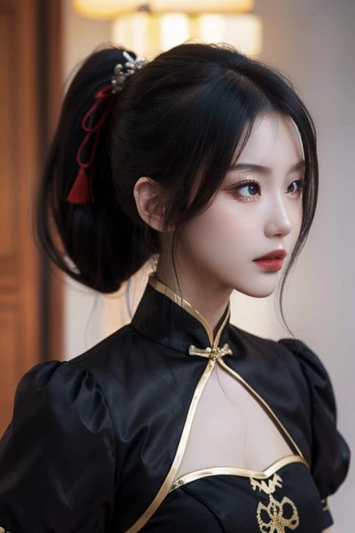 ltra-detailed,highly detailed,best quality,masterpiece,illustration,realistic,
ninghongye,longzhidao, solo, 1girl, 
black hair,  ponytail, long hair, hair ribbon,  hair ornament, 
chinese clothes, china dress,ribbon,puffy short sleeves,  corset, tassel, cl...