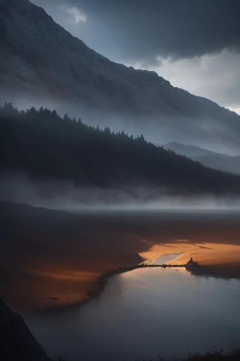 a view of a lake with a mountain in the background