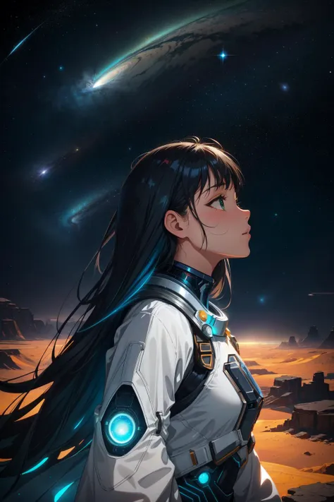 a woman in a space suit looking at the stars