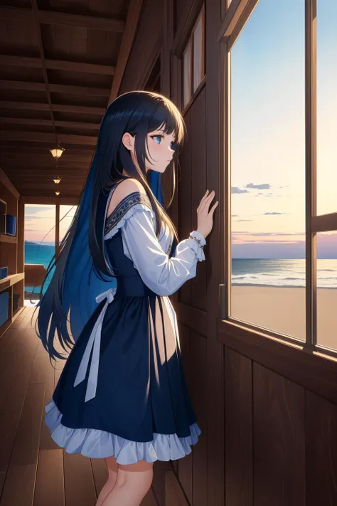 anime girl looking out a window at the ocean