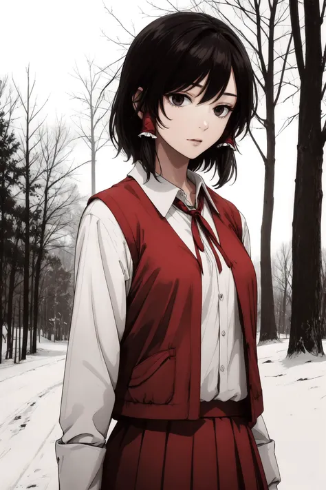 anime girl in red dress standing in the snow with trees in the background