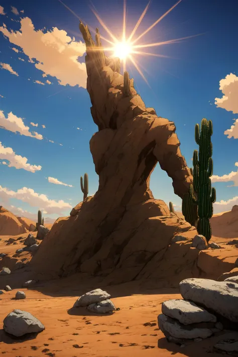 a close up of a desert with a cactus and rocks