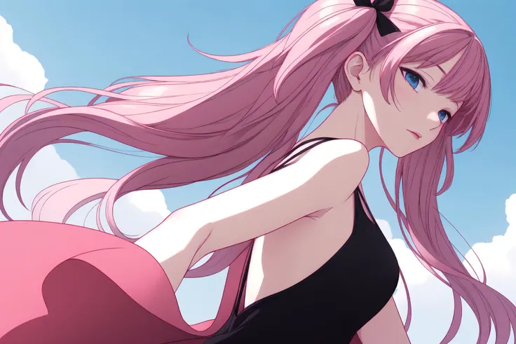 anime girl with pink hair and black dress holding a pink object