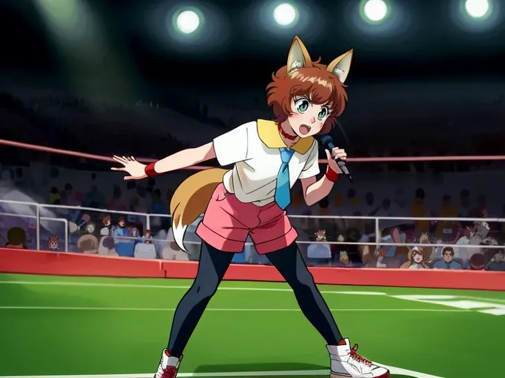 1girl, solo, KotoCzar, (fox ears, small tail, auburn hair, whiskers, whisker markings), (pink shorts, choker, wristband, black pantyhose, white shirt, yellow shirt collar, blue necktie), (full body, standing, microphone, announcer, arena, crowd, fighting r...