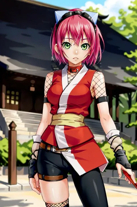 IzunaCzar, (short hair, pink hair, green eyes, goggles), (red ninja clothes, ninja, fishnet, fishnet legwear, black spandex shorts, shuriken), (standing, temple), (masterpiece:1.2), hires, ultra-high resolution, 8K, high quality, (sharp focus:1.2), clean, ...