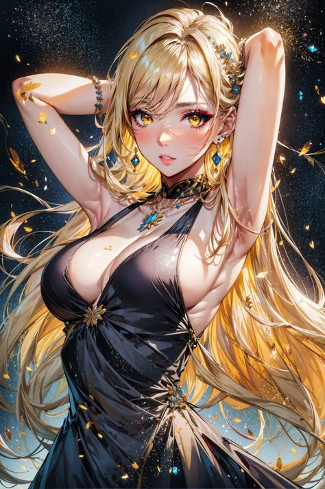 masterpiece, best quality, upper body of 1girl,  sideboob, blonde hair,  medium breasts, parted lips, sleeveless dress,yellow ey...