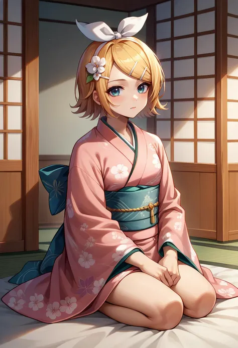 a woman in a kimono sitting on a bed with a flower in her hair