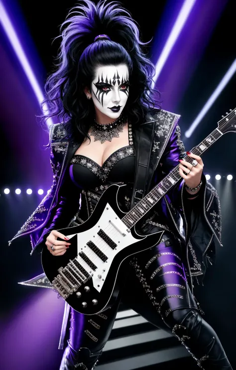 4K, Masterpiece, highres, absurdres,edg_makeup, a woman with a black and white face paint , edg_makeup on face, rockstar attire, rorckstar hair, surreal, lights on, shadows,great composition, (realistic:0.8), (((full body picture))) <lora:edg_makeup1:0.65>