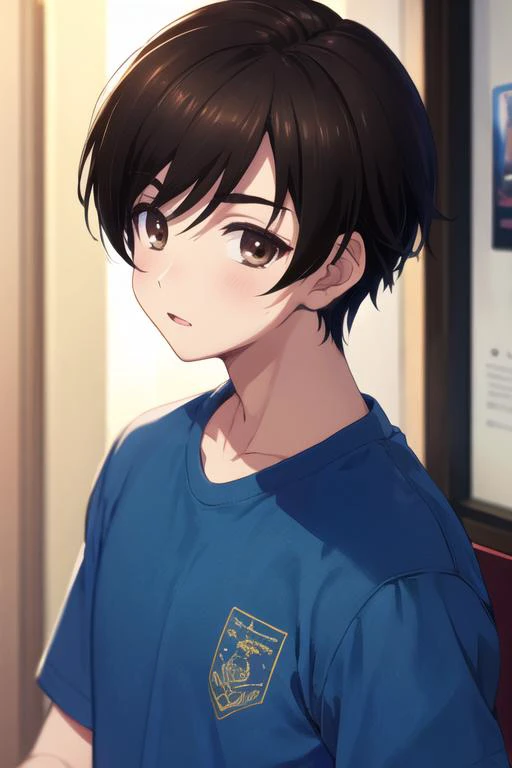 masterpiece, best quality, wallpaper, 1boy, solo, male focus, looking at viewer, upper body, depth of field, <lora:haruki_kitahara:0.64>, haruki_kitahara, black hair, brown eyes, short sleeve shirt, , , HDR