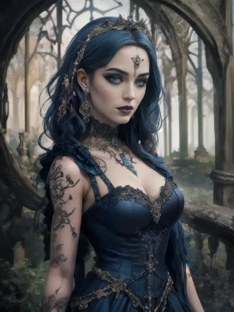 a woman with blue hair and a black dress in a gothic setting