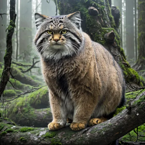 <lora:manul_cat:0.6> manul20, style of ansel adams, full body view of a majestic manul cat sitting on a branch of an ancient tree in a primeval forest of central asia, light fog, (moss covered branches, lush, gnarled, dense foliage:1.2), (epic composition,...