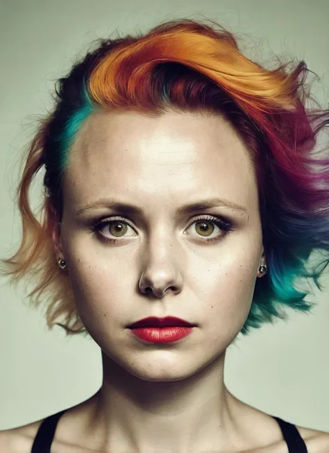 portrait of sks woman by Flora Borsi, style by Flora Borsi, bold, bright colours, rainbow Mohawk haircut, ((Flora Borsi)), <lora:locon_alisonpill_v1_from_v1_64_32:1.25>