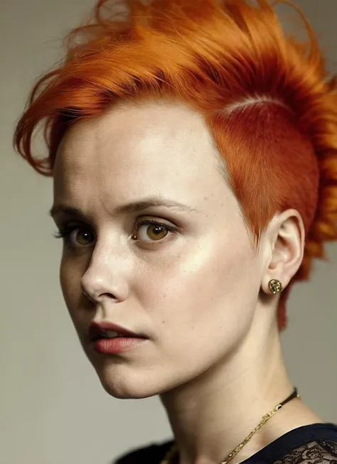 portrait of sks woman by Flora Borsi, style by Flora Borsi, bold, bright colours, orange Mohawk haircut, ((Flora Borsi)), <lora:locon_alisonpill_v1_from_v1_64_32:1.25>