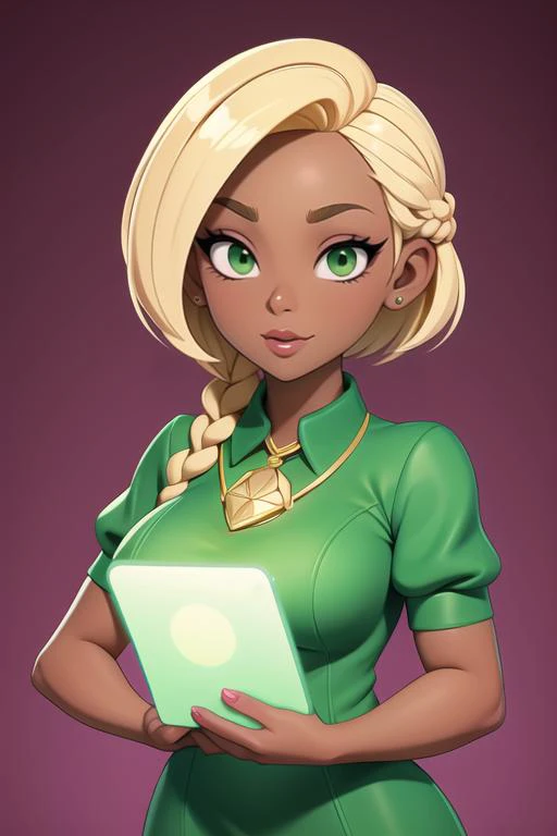 a beautiful 30yo Caucasian woman, dark skin, blonde short braid hair, green dress, holding a tablet, rhombus shaped amulet