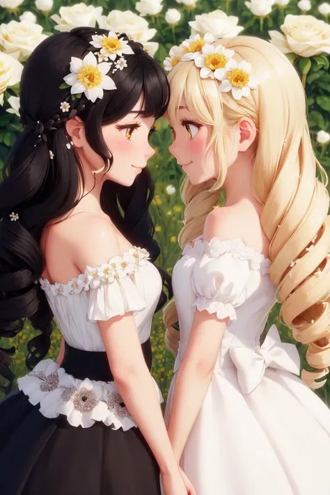 2girls, black hair, blonde hair, blush, bouquet, bow, drill hair, eye contact,
flower, flower field, from side, hair bow, long hair, looking at another, multiple girls, petals, profile, ringlets, short hair, smile, twin drills, white flower, white rose, ye...