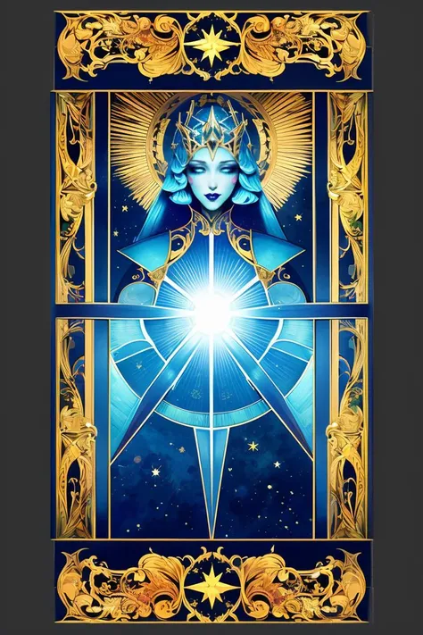 Concept art,tarot cards,borders,European patterns,tarot,solo,star (symbol),1girl,blue lips,blue eyes,sun symbol,makeup,card (medium),<lora:kapaiV2:0.8>,