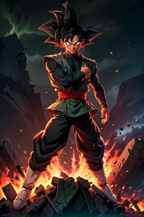 ((masterpiece, best quality)),(complex light),absurdres, highres, 1boy,solo,fighting stance, goku black,black hair,black eyes, green  fire destroyed debris background,smirk,  <lora:goku_black1:0.8>, <lora:on_fire:0.5>, <lora:LAS:0.3>