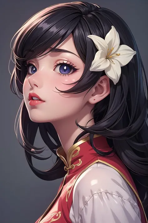 Cowboy Shot,((glossy eyes)),1girl,solo,black hair,flower,realistic,looking up,red lips,chinese clothes,upper body,hair ornament,from side,lips,parted lips,(extremely detailed anime:1.3),(a extremely delicate and beautiful woman:1.1),(illumination:1.2),<lor...