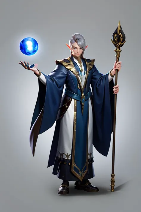 Game characters, original design, European style, pointy ears, 1boy, male focus, solo, grey background, elf, simple background, full body, jewelry, grey hair, staff, standing, chain, ring, wide sleeves, robe, long hair, elezen, holding, orb<lora:CG Game xi...