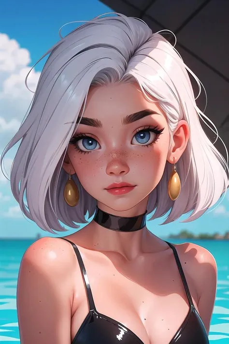 a woman with white hair and blue eyes in a bikini