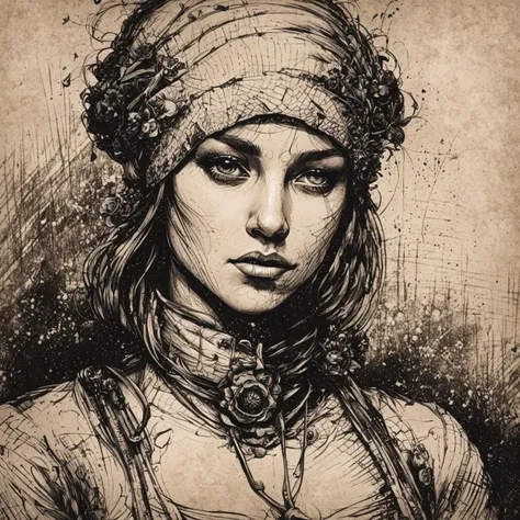 a drawing of a woman with a head scarf and necklace