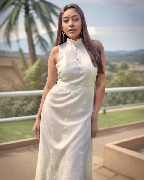 a woman in a white dress standing on a balcony