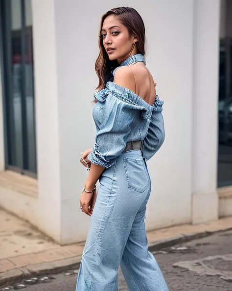 araffed woman in a denim jumpsuit walking down the street