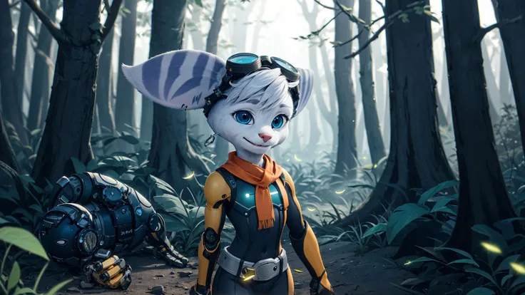 furry,rivetlombax,blue eyes,animal ears,earrings,goggles on head,bangs,mechanical arms,scarf,bodysuit,belt,tail,forest,forest background,smile,<lora:Rivet:0.95>,(solo),solo focus,fireflies,triadic lighting,sunbeam,(on side),