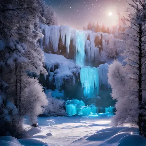 (masterpiece:1.2), (best quality,:1.2), 8k, HDR, ultra detailed, ((photorealistic)), professional light, cinematic lighting, fashion photography, ambient lighting, <lora:detail_slider_v4:2>, Ice, <lora:RealmsOfIce:1>, a frozen waterfall, moonlight, snowfal...