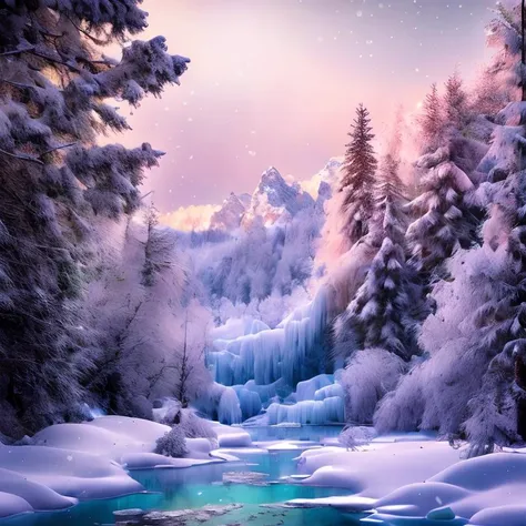 (masterpiece:1.2), (best quality,:1.2), 8k, HDR, ultra detailed, ((photorealistic)), professional light, cinematic lighting, fashion photography, ambient lighting, <lora:detail_slider_v4:2>, Ice, <lora:RealmsOfIce:1>, a snowy landscape with a frozen stream...