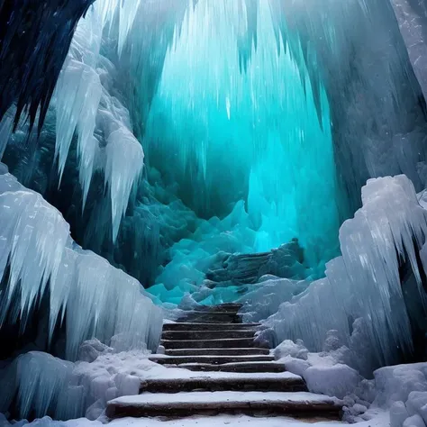 (masterpiece:1.2), (best quality,:1.2), 8k, HDR, ultra detailed, ((photorealistic)), professional light, cinematic lighting, fashion photography, ambient lighting, <lora:detail_slider_v4:2>, Ice, <lora:RealmsOfIce:1>, a stairway to a cave, frozen ice, epiC...