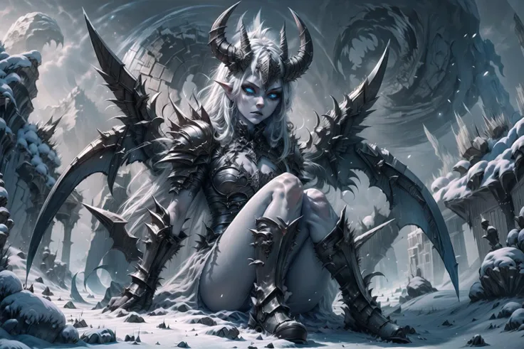 looking at viewer, <lora:add_sharpness:1>,   <lora:RealmsOfIce:1> Ice, snow, bleak tundra, blizzard, cracks in ground, stars, ice hell, snowflakes, fortress, high walls, demon girl, frost wings, ice horns, blue eyes,  <lora:Solid:0.6> solid eyes, colored s...