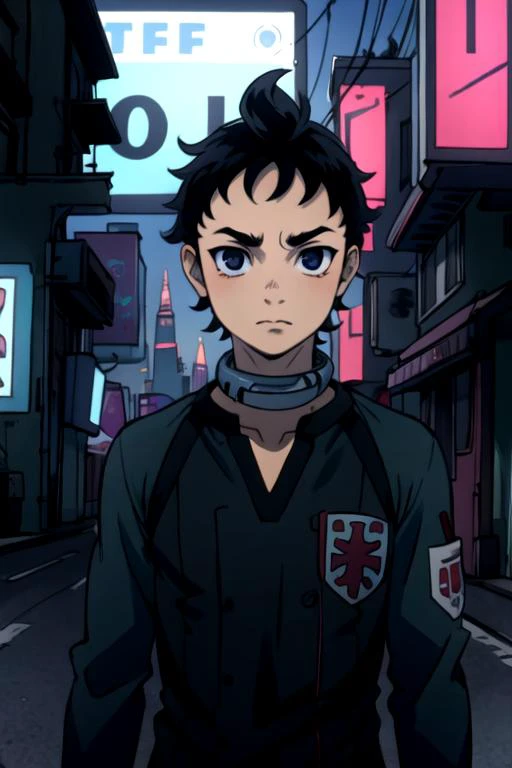 masterpiece, best quality, movie still, 1boy, solo, male focus, looking at viewer, upper body, , ligne claire, , <lora:ganta_igarashi:0.76>, ganta_igarashi, black hair, black eyes, dracula costume, cyberpunk,