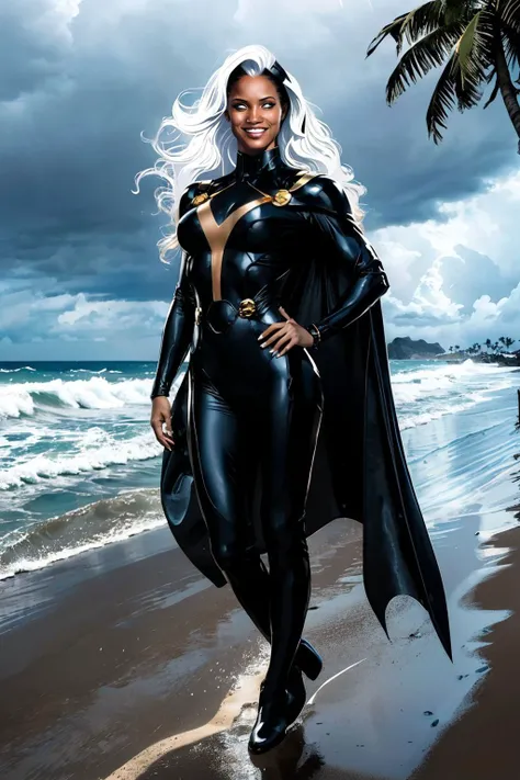 Ororo Munroe, (white long hair), dark skin, white eyes, jewelry, thigh boots, black cape, bracers, floating hair, bodysuit ,
sexy pose, hands on hips, looking at viewer, smiling,  
outside, beach, cloudy, rain, large waves in ocean, palm tree, 
intense amb...